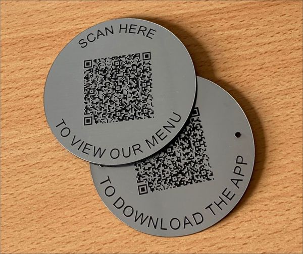 Steel Effect QR Code Table Discs - 50mm - Brunel Engraving